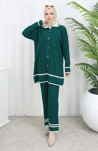 Strickmode Polokragen Geknöpfte Tunika Hose Zweiteiliger Anzug 1108-02 Petrol 1108-02