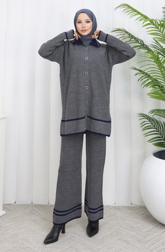 Knitwear Polo Collar Buttoned Tunic Trousers Two Piece Suit 1108-05 Gray 1108-05
