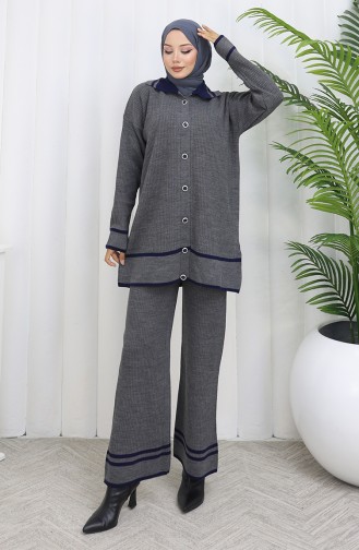 Knitwear Polo Collar Buttoned Tunic Trousers Two Piece Suit 1108-05 Gray 1108-05