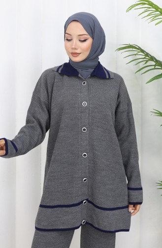 Knitwear Polo Collar Buttoned Tunic Trousers Two Piece Suit 1108-05 Gray 1108-05