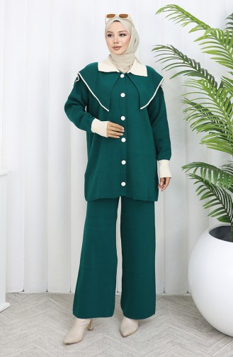 Knitwear Buttoned Garnished Tunic Trousers Two Piece Suit 1122-06 Petrol 1122-06