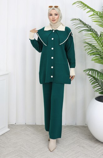 Knitwear Buttoned Garnished Tunic Trousers Two Piece Suit 1122-06 Petrol 1122-06