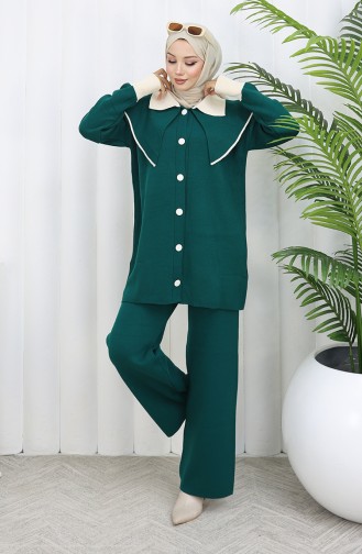 Knitwear Buttoned Garnished Tunic Trousers Two Piece Suit 1122-06 Petrol 1122-06