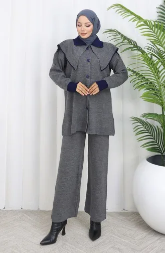 Triko Düğmeli Garnili Tunik Pantolon İkili Takım 1122-07 Gri