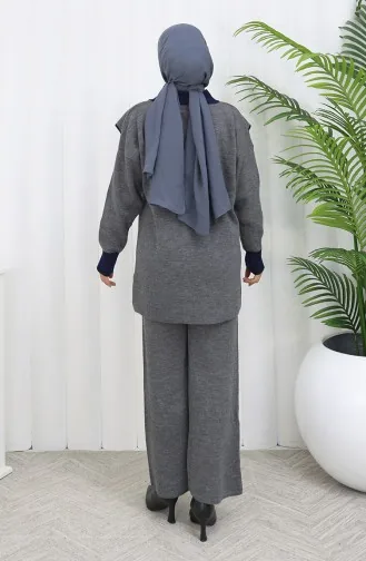 Triko Düğmeli Garnili Tunik Pantolon İkili Takım 1122-07 Gri