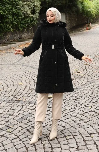 Kürk Kapüşonlu Kemerli Kapitone Mont 6307-01 Siyah