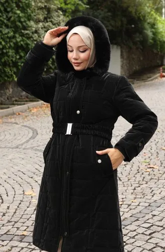 Kürk Kapüşonlu Kemerli Kapitone Mont 6307-01 Siyah