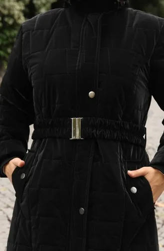 Kürk Kapüşonlu Kemerli Kapitone Mont 6307-01 Siyah