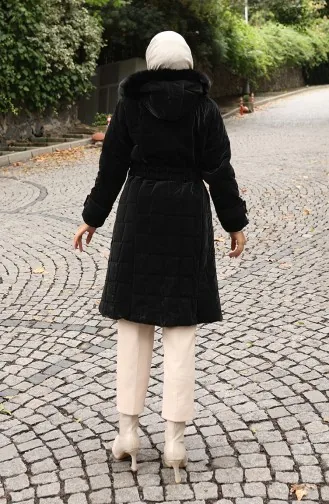 Kürk Kapüşonlu Kemerli Kapitone Mont 6307-01 Siyah