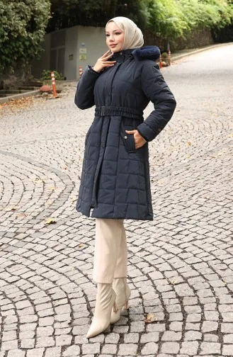 Kürk Kapüşonlu Kemerli Kapitone Mont 6307-02 Lacivert