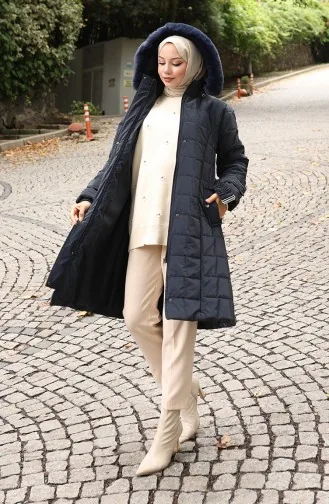 Kürk Kapüşonlu Kemerli Kapitone Mont 6307-02 Lacivert