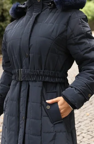 Kürk Kapüşonlu Kemerli Kapitone Mont 6307-02 Lacivert