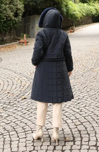 Kürk Kapüşonlu Kemerli Kapitone Mont 6307-02 Lacivert