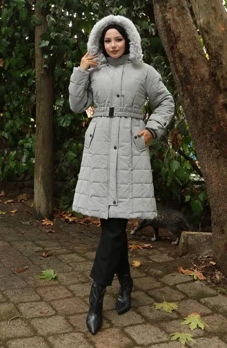 Kürk Kapüşonlu Kemerli Kapitone Mont 6307-03 Gri