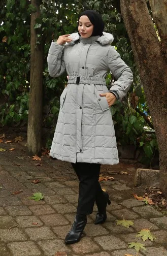 Kürk Kapüşonlu Kemerli Kapitone Mont 6307-03 Gri