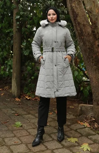 Kürk Kapüşonlu Kemerli Kapitone Mont 6307-03 Gri