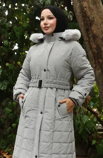 Kürk Kapüşonlu Kemerli Kapitone Mont 6307-03 Gri