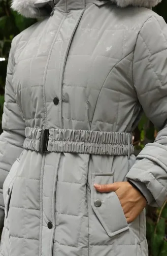 Kürk Kapüşonlu Kemerli Kapitone Mont 6307-03 Gri