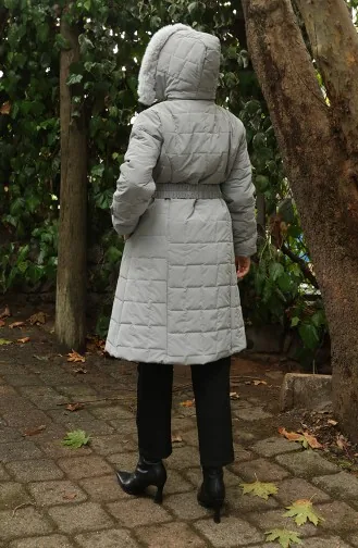 Kürk Kapüşonlu Kemerli Kapitone Mont 6307-03 Gri