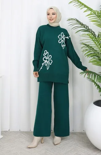 Ensemble Deux Pièces Tunique Et Pantalon à Motifs Floraux En Tricot 1110-04 Pétrole 1110-04