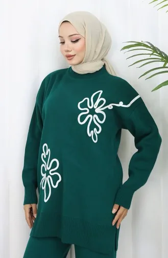 Ensemble Deux Pièces Tunique Et Pantalon à Motifs Floraux En Tricot 1110-04 Pétrole 1110-04