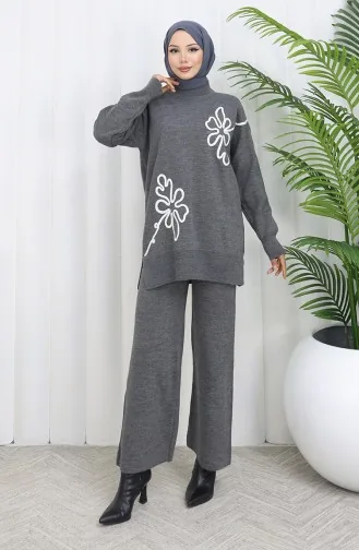Gebreid Bloemenpatroon Tuniek Broek Tweedelig Pak 1110-05 Grijs 1110-05