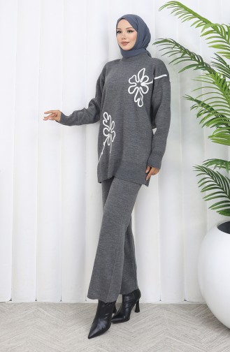 Gebreid Bloemenpatroon Tuniek Broek Tweedelig Pak 1110-05 Grijs 1110-05