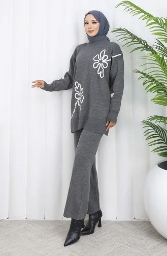 Gebreid Bloemenpatroon Tuniek Broek Tweedelig Pak 1110-05 Grijs 1110-05