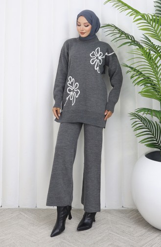 Gebreid Bloemenpatroon Tuniek Broek Tweedelig Pak 1110-05 Grijs 1110-05