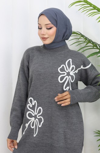 Gebreid Bloemenpatroon Tuniek Broek Tweedelig Pak 1110-05 Grijs 1110-05