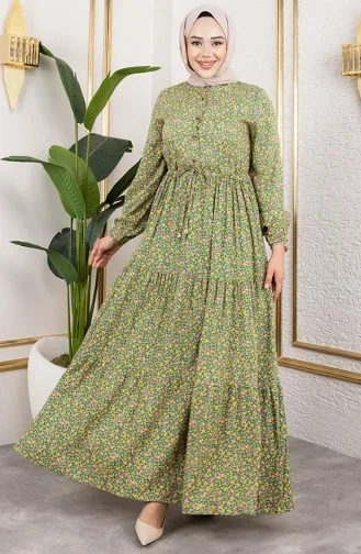 Efsun Bloemenpatroon Jurk 7136-06 Groen 7136-06