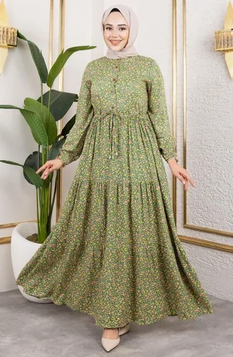 Efsun Bloemenpatroon Jurk 7136-06 Groen 7136-06