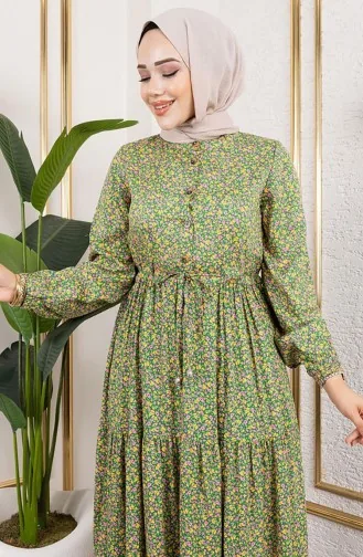 Efsun Bloemenpatroon Jurk 7136-06 Groen 7136-06