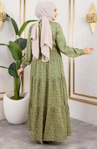 Efsun Bloemenpatroon Jurk 7136-06 Groen 7136-06