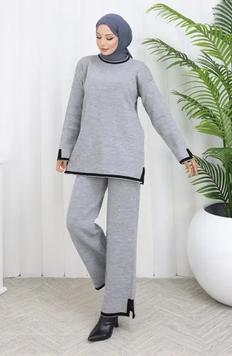 Gebreide Trui Met Split En Broek Tweedelig Set 0011-01 Grijs 0011-01
