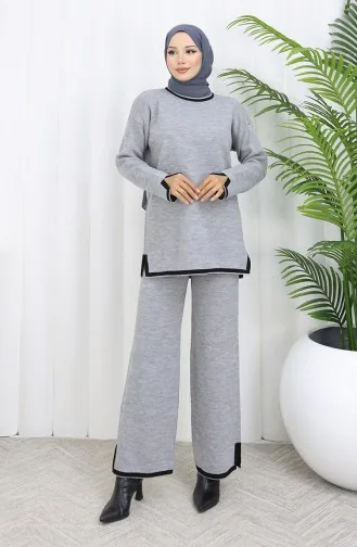 Gebreide Trui Met Split En Broek Tweedelig Set 0011-01 Grijs 0011-01