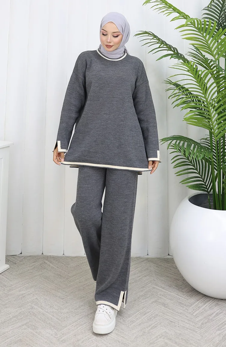 Ensemble Deux Pièces Pull-pantalon Fendu En Tricot 0011-02 Anthracite 0011-02
