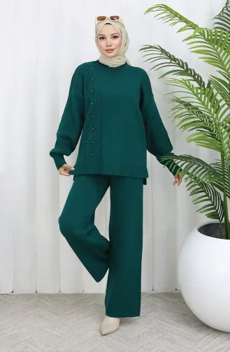 Strickwaren Stein Detail Pullover Hose Zweiteiler Set 0014-01 Petrol 0014-01