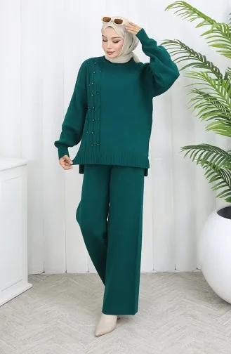Strickwaren Stein Detail Pullover Hose Zweiteiler Set 0014-01 Petrol 0014-01