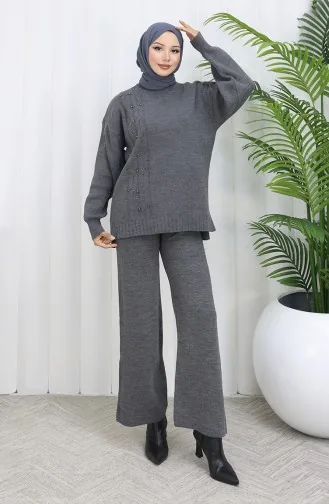 طقم من قطعتين من سترة وبنطلون محبوك بتفاصيل حجرية 0014-05 أنثراسيت 0014-05