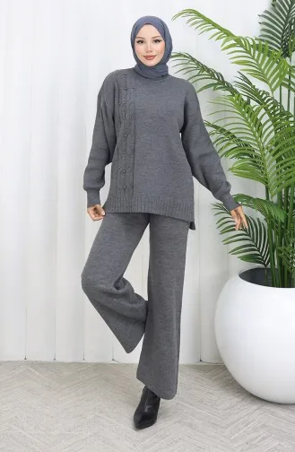 طقم من قطعتين من سترة وبنطلون محبوك بتفاصيل حجرية 0014-05 أنثراسيت 0014-05