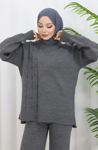 طقم من قطعتين من سترة وبنطلون محبوك بتفاصيل حجرية 0014-05 أنثراسيت 0014-05