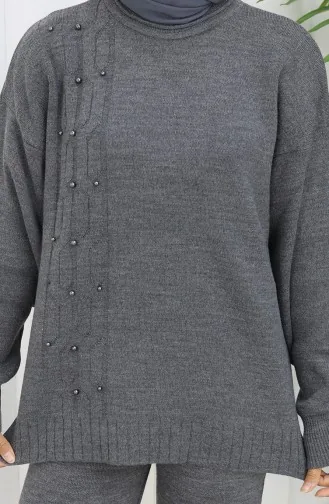 طقم من قطعتين من سترة وبنطلون محبوك بتفاصيل حجرية 0014-05 أنثراسيت 0014-05