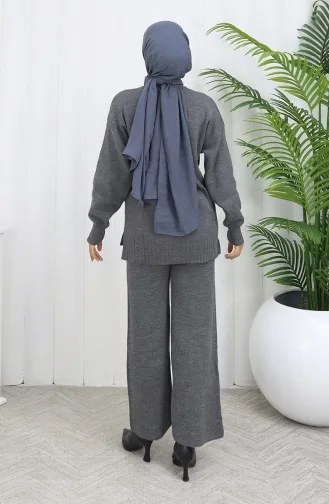 طقم من قطعتين من سترة وبنطلون محبوك بتفاصيل حجرية 0014-05 أنثراسيت 0014-05
