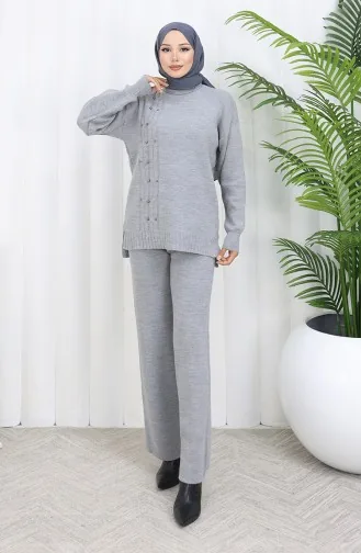 Gebreide Stenen Gedetailleerde Trui Broek Tweedelig Set 0014-06 Grijs 0014-06