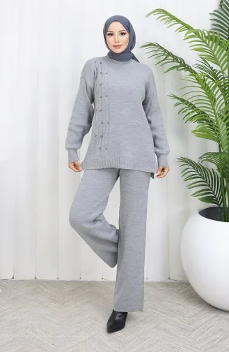 Gebreide Stenen Gedetailleerde Trui Broek Tweedelig Set 0014-06 Grijs 0014-06