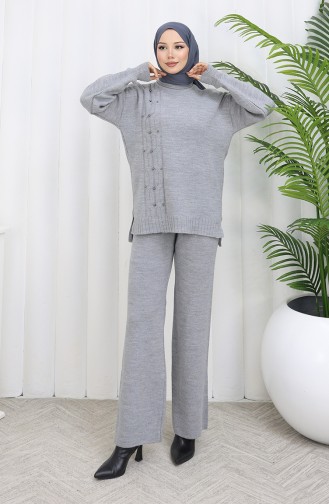 Knitwear Stone Detailed Sweater Trousers Two Piece Set 0014-06 Gray 0014-06