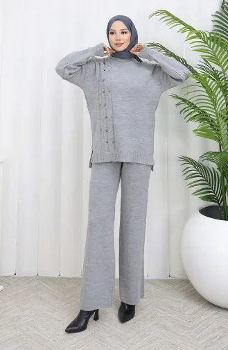 Gebreide Stenen Gedetailleerde Trui Broek Tweedelig Set 0014-06 Grijs 0014-06