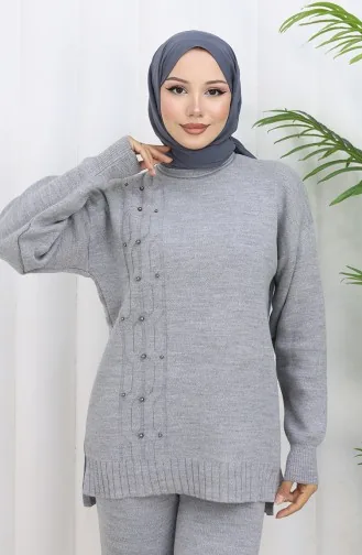 Gebreide Stenen Gedetailleerde Trui Broek Tweedelig Set 0014-06 Grijs 0014-06