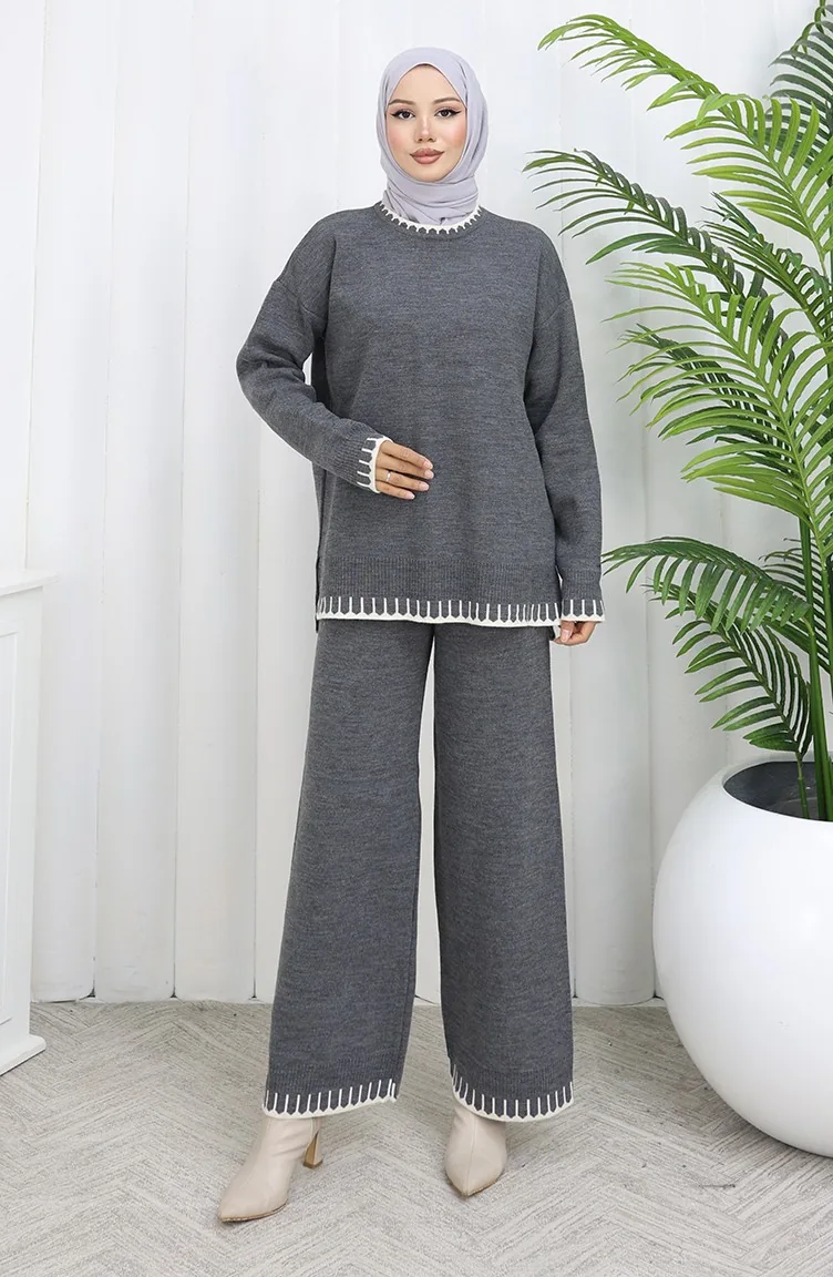 Strickwaren Wimpern Detail Pullover Hose Zweiteiler 0015-02 Anthrazit 0015-02